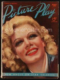 8m099 PICTURE PLAY magazine May 1937 wonderful art of Jean Harlow by Marland Stone!