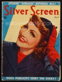 8m111 SILVER SCREEN magazine March 1938 artwork of pretty Claudette Colbert by Marland Stone!