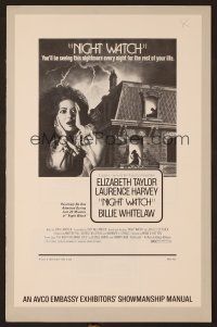 8m392 NIGHT WATCH pressbook '73 Elizabeth Taylor, Laurence Harvey, creepy house art!