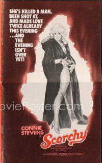 8m421 SCORCHY pressbook '76 full-length art of sexiest barely-dressed Connie Stevens in black cape!