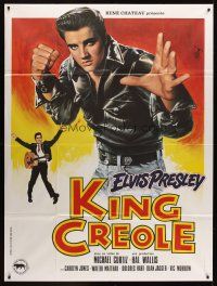 8p609 KING CREOLE French 1p R80s great artwork of Elvis Presley in leather jacket by Jean Mascii!