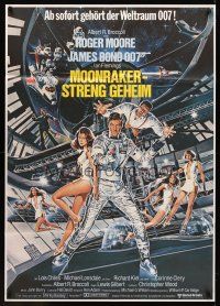 8p315 MOONRAKER German 33x47 '79 art of Roger Moore as James Bond & sexy space babes by Goozee!