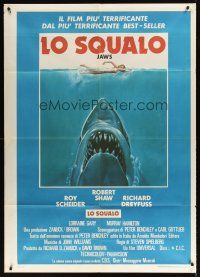 8p378 JAWS Italian 1p R70s art of Spielberg's classic man-eating shark attacking sexy swimmer!