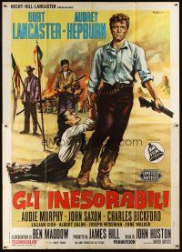 8p353 UNFORGIVEN Italian 2p R60s art of Burt Lancaster & Audrey Hepburn by Colizzi, John Huston!