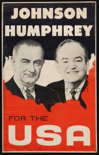 8p080 JOHNSON HUMPHREY FOR THE USA 13x21 political campaign '64 the candidates over U.S. map!