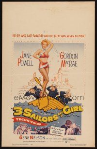 8p412 3 SAILORS & A GIRL WC '54 art of sexiest Jane Powell in swimsuit with Navy sailors!