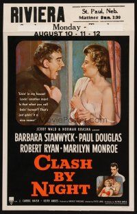 8p433 CLASH BY NIGHT WC '52 Fritz Lang, Barbara Stanwyck, Douglas, Ryan, Marilyn Monroe shown!