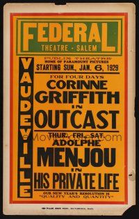 8p441 FEDERAL THEATRE SALEM JAN 6 WC '29 Corinne Griffith in Outcast, Menjou in His Private Life!