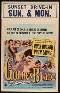 8p450 GOLDEN BLADE WC '53 romantic art of Rock Hudson kissing sexy Piper Laurie!