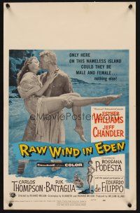 8p509 RAW WIND IN EDEN WC '58 sexy Esther Williams & Jeff Chandler kissing in the ocean!