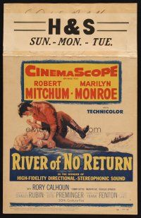 8p512 RIVER OF NO RETURN WC '54 great artwork of Robert Mitchum holding down sexy Marilyn Monroe!