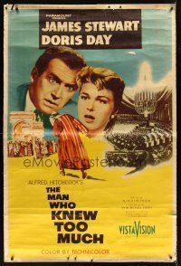 8r325 MAN WHO KNEW TOO MUCH style Y 40x60 '56 directed by Hitchcock, James Stewart & Doris Day!