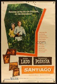 8r335 SANTIAGO style Y 40x60 '56 Alan Ladd with gun & Rossana Podesta in the jungle!