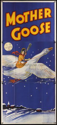 8r010 MOTHER GOOSE stage play English 3sh '30s stone litho art of mom holding broom & riding goose!