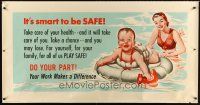 8r227 IT'S SMART TO BE SAFE 28x54 motivational poster '52 cool art of woman swimming w/baby!
