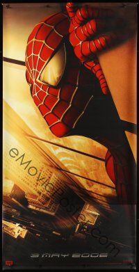 8r286 SPIDER-MAN vinyl banner '02 Tobey Maguire w/WTC towers in eyes, Marvel Comics!