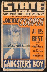 8r049 GANGSTER'S BOY local theater jumbo WC '38 great image of Jackie Cooper behind bars!