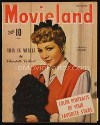 8s184 MOVIELAND magazine November 1943 portrait of Claudette Colbert with dog by Tom Kelley!