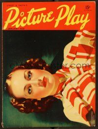 8s167 PICTURE PLAY magazine January 1938 different horizontal art of Joan Crawford by A. Redmond!