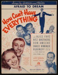 8s504 YOU CAN'T HAVE EVERYTHING sheet music '37 Alice Faye, Ritz Brothers, Ameche, Afraid to Dream