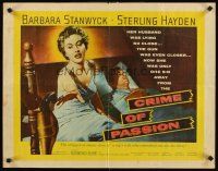 8t095 CRIME OF PASSION 1/2sh '57 sexy Barbara Stanwyck reaches for gun to shoot Sterling Hayden!