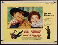 8t344 ROOSTER COGBURN 1/2sh '75 great art of John Wayne with eye patch & Katharine Hepburn!