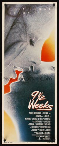 8w037 9 1/2 WEEKS insert '86 Mickey Rourke, Kim Basinger, sexiest close up kissing image!