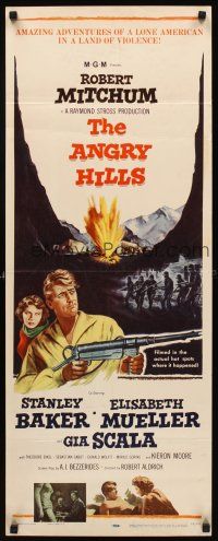 8w054 ANGRY HILLS insert '59 Robert Aldrich, cool artwork of Robert Mitchum with big machine gun!