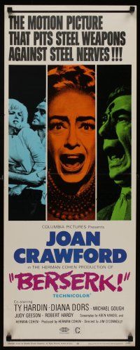 8w075 BERSERK insert '67 crazy Joan Crawford, sexy Diana Dors, pits steel weapons vs steel nerves!