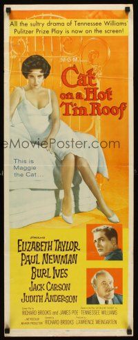 8w124 CAT ON A HOT TIN ROOF insert '58 classic artwork of Elizabeth Taylor as Maggie the Cat!
