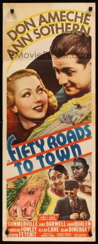 8w209 FIFTY ROADS TO TOWN insert '37 young Don Ameche & sexy Ann Sothern, cool art of old cars!