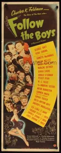 8w217 FOLLOW THE BOYS insert '44 Welles, Fields, Dietrich, MacDonald & more Universal all-stars!