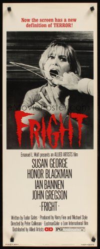 8w225 FRIGHT insert '71 terrified Susan George about to have her mouth slashed open by glass!