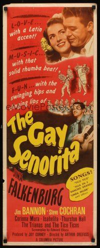 8w231 GAY SENORITA insert '45 great image of sexy Jinx Falkenburg in hippy heppy Latin love show!