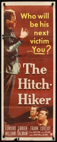8w266 HITCH-HIKER insert '53 different film noir image of man with upraised thumb & shadow!