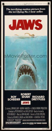 8w001 JAWS insert '75 art of Steven Spielberg's classic man-eating shark attacking sexy swimmer!