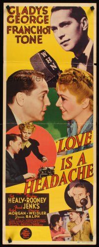 8w321 LOVE IS A HEADACHE insert '38 Gladys George, Franchot Tone, Virginia Weidler, Mickey Rooney
