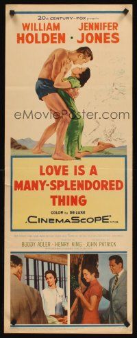 8w322 LOVE IS A MANY-SPLENDORED THING insert '55 romantic art of William Holden & Jennifer Jones!