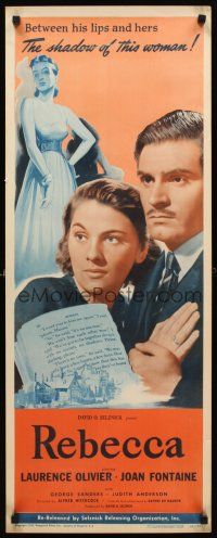 8w424 REBECCA insert R48 Alfred Hitchcock, art of Laurence Olivier & Joan Fontaine!