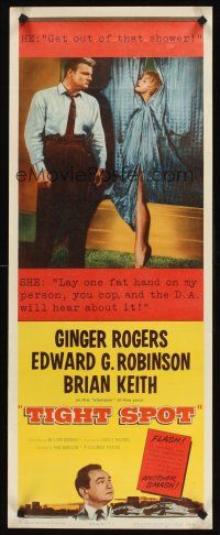 8w540 TIGHT SPOT insert '55 Ginger Rogers naked behind shower curtain, Edward G. Robinson, Keith