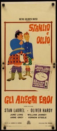 8w639 BONNIE SCOTLAND Italian locandina R57 wacky art of Stan Laurel & Oliver Hardy!