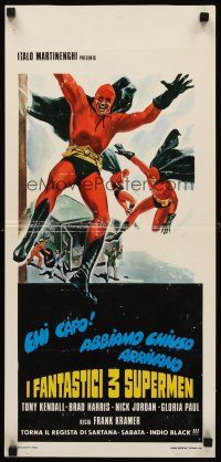 8w776 THREE FANTASTIC SUPERMEN Italian locandina '67 cool art of Supermen in flying in action!