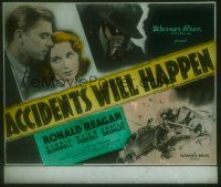 8x037 ACCIDENTS WILL HAPPEN glass slide '38 Ronald Reagan, Gloria Blondell, cool car crash art!