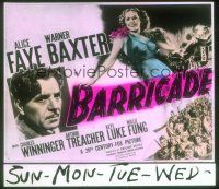 8x041 BARRICADE glass slide '39 artwork of beautiful Alice Faye + c/u of Warner Baxter!