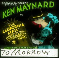 8x052 CALIFORNIA MAIL glass slide '29 great close up of cowboy Ken Maynard kissing pretty girl!