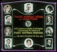 8x065 FIRST NATIONAL style B advertising glass slide '20s Chaplin, Talmadge & Barrymore shown!