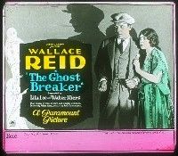 8x071 GHOST BREAKER glass slide '22 close up of Wallace Reid & Lila Lee + artwork of ghosts!