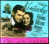 8x090 KENTUCKY glass slide '38 pretty Loretta Young, Richard Greene, cool horse racing image!