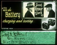 8x035 WE DO BATTERY CHARGING & TESTING advertising glass slide '20s and good repair work!