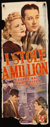 8y183 I STOLE A MILLION long Aust daybill '39 close up of George Raft & pretty Claire Trevor!
